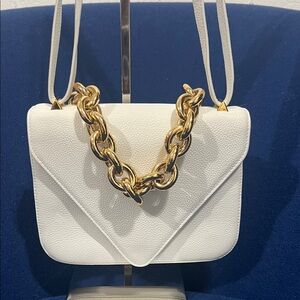Bottega Veneta White Leather Shoulder Bag with Gold Chain Accent
